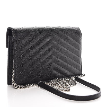 Saint Laurent Grain De Poudre Matelasse Chevron Monogram Envelope Chain Wallet Black 3 of 8