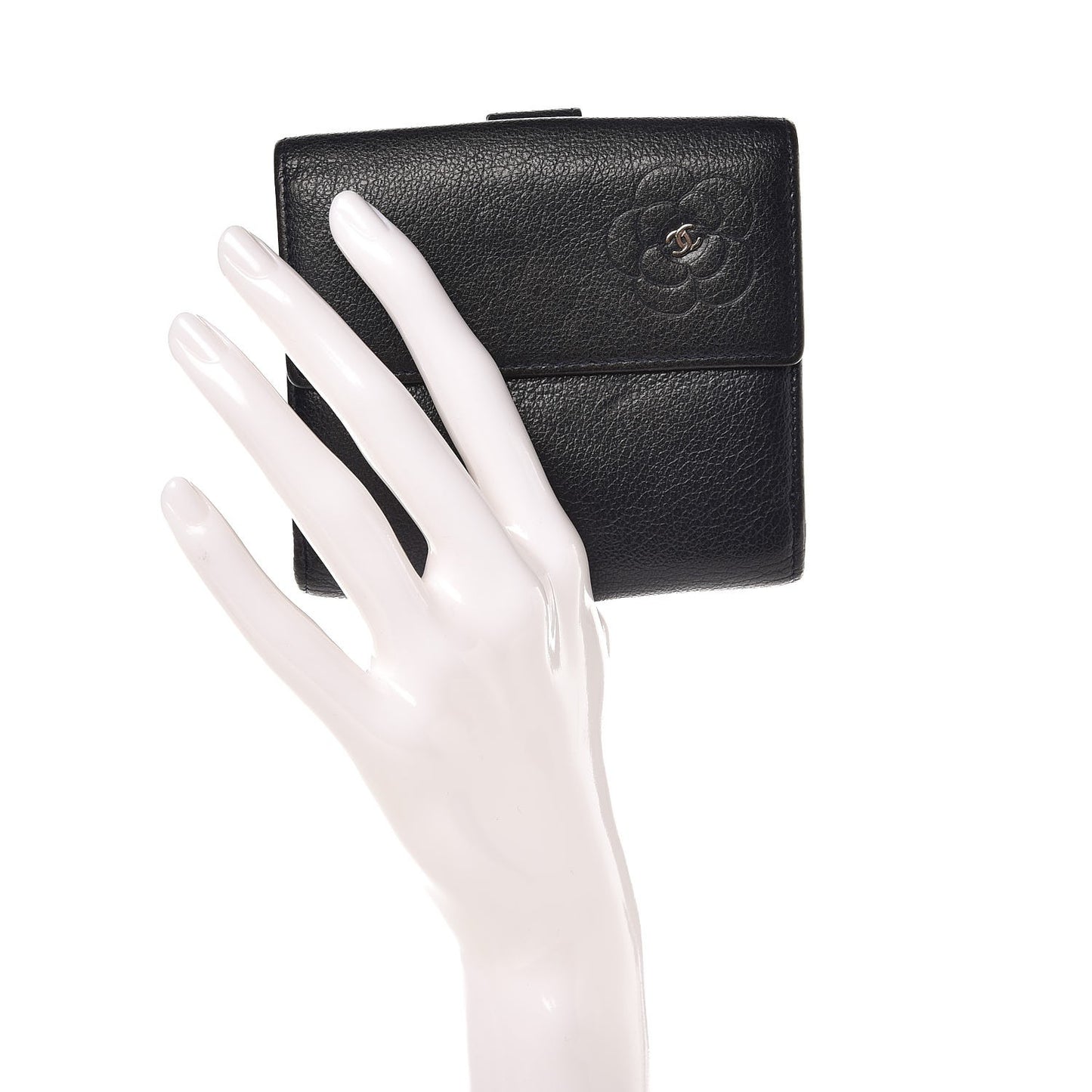 Glazed Goatskin Camellia Embossed French Flap Wallet Black