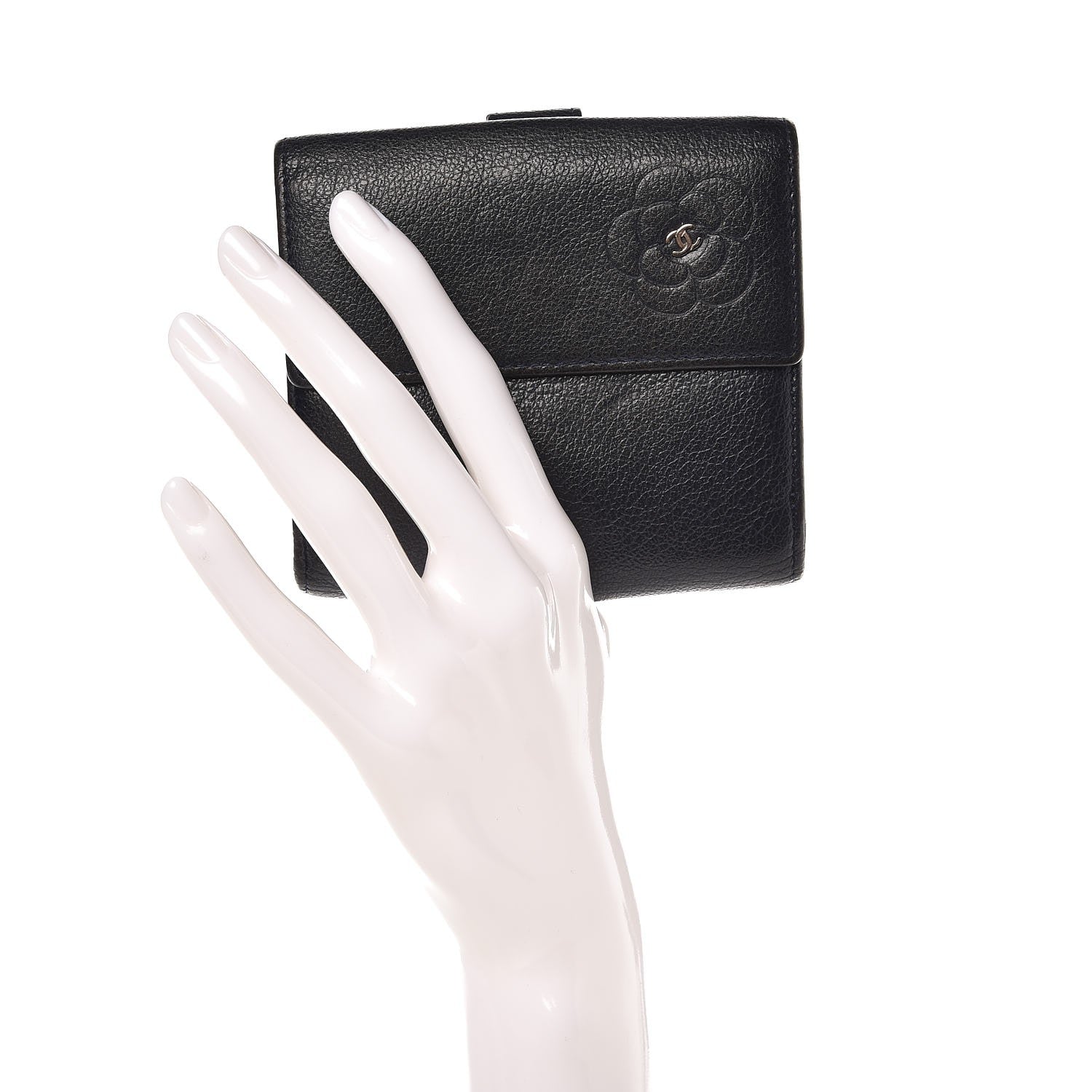 Chanel Glazed Goatskin Camellia Embossed French Flap Wallet Black 2 of 13