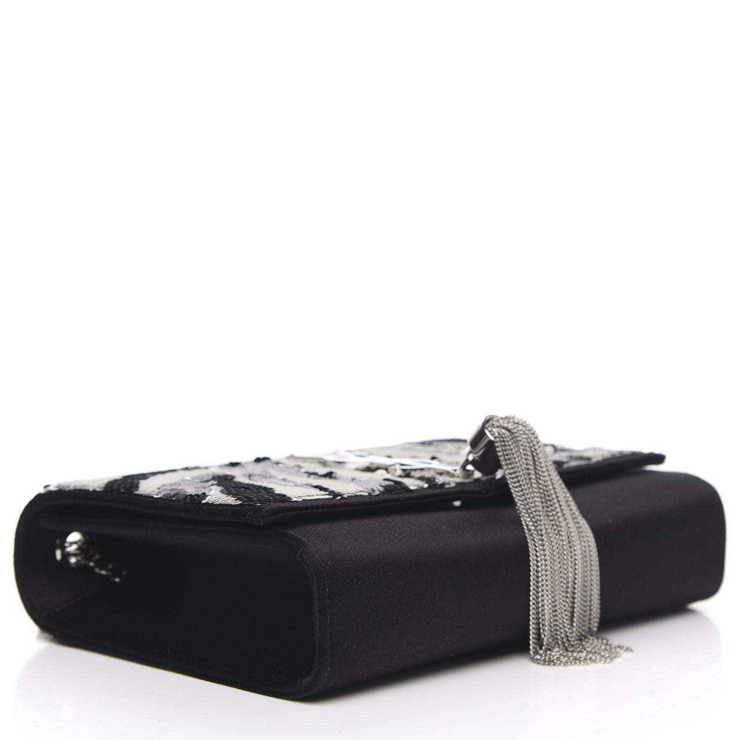 Satin Sequin Zebra Small Monogram Kate Tassel Satchel Black White