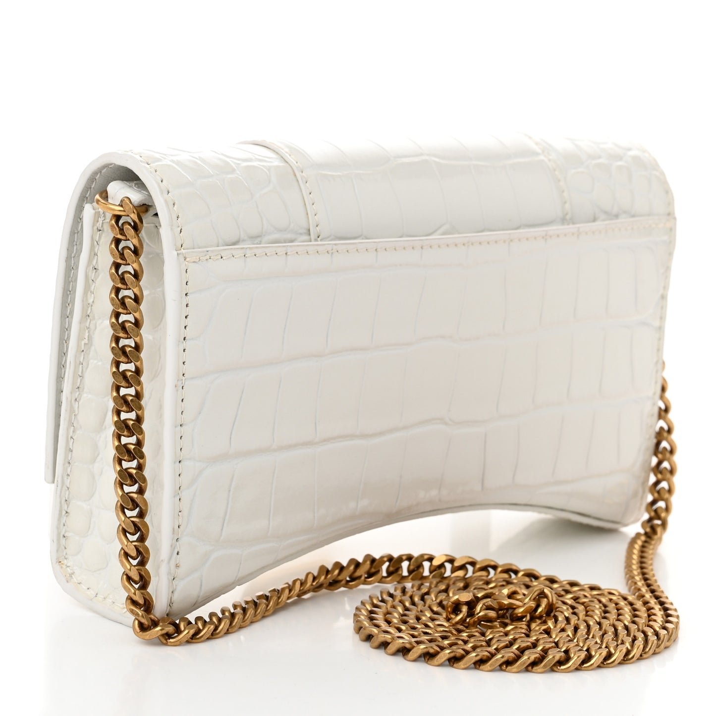 Shiny Calfskin Crocodile Embossed Hourglass Chain Bag White