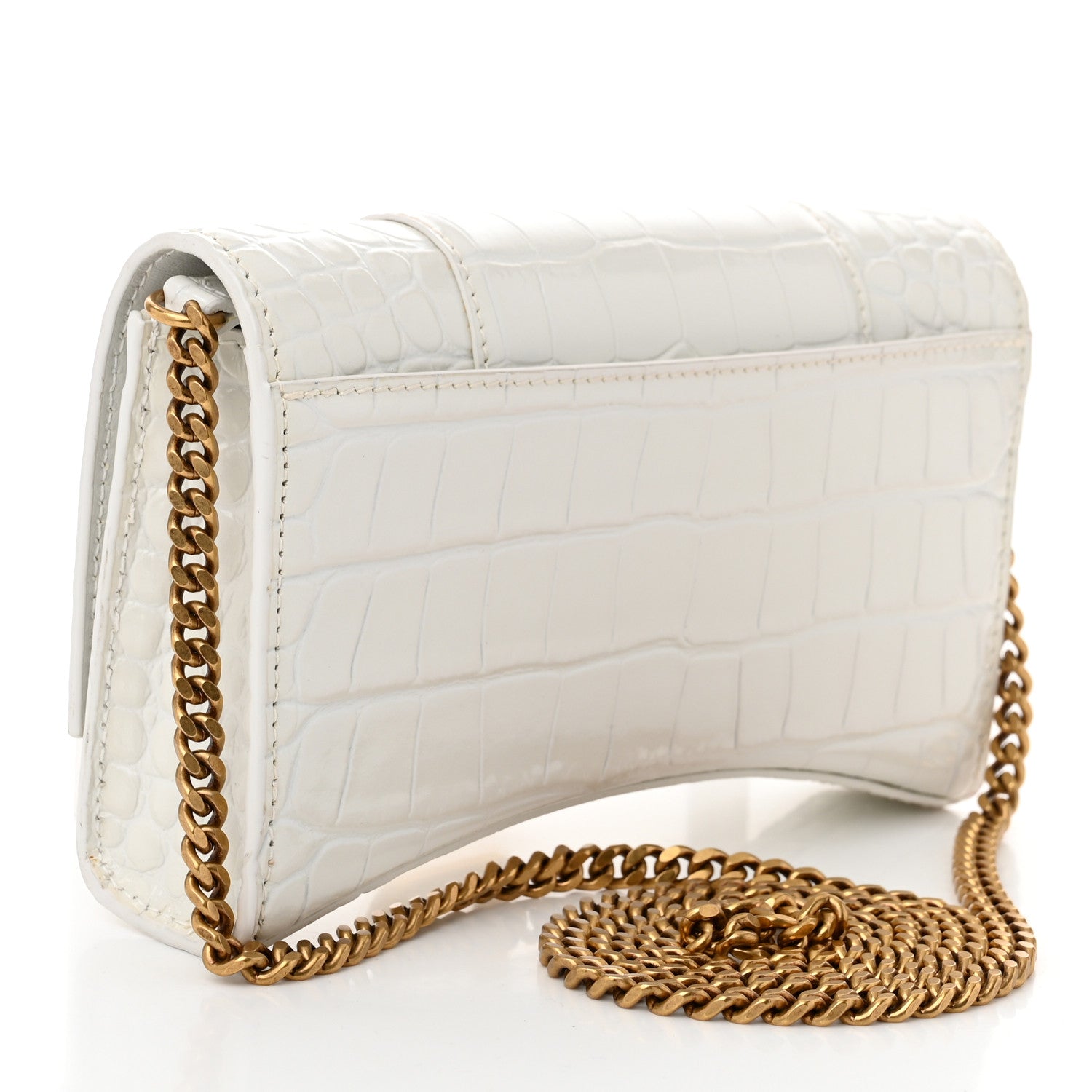 Balenciaga Shiny Calfskin Crocodile Embossed Hourglass Chain Bag White 3 of 9