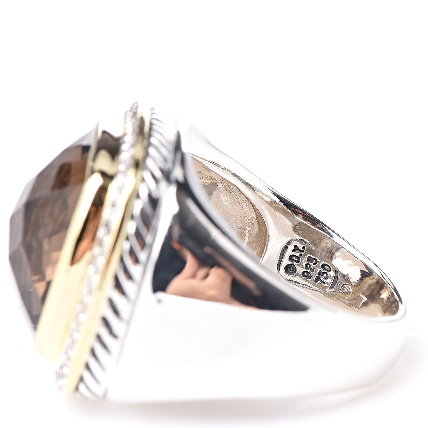 Sterling Silver 18K Yellow Gold Diamond Smoky Quartz 14mm Albion Statement Ring 55 7.5