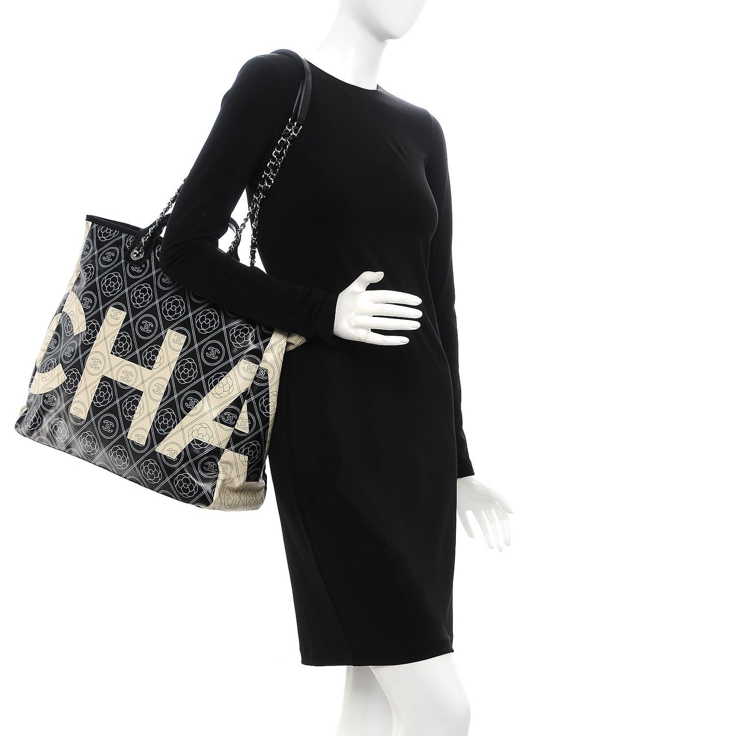 Printed Canvas Large Shopping Tote Black Beige