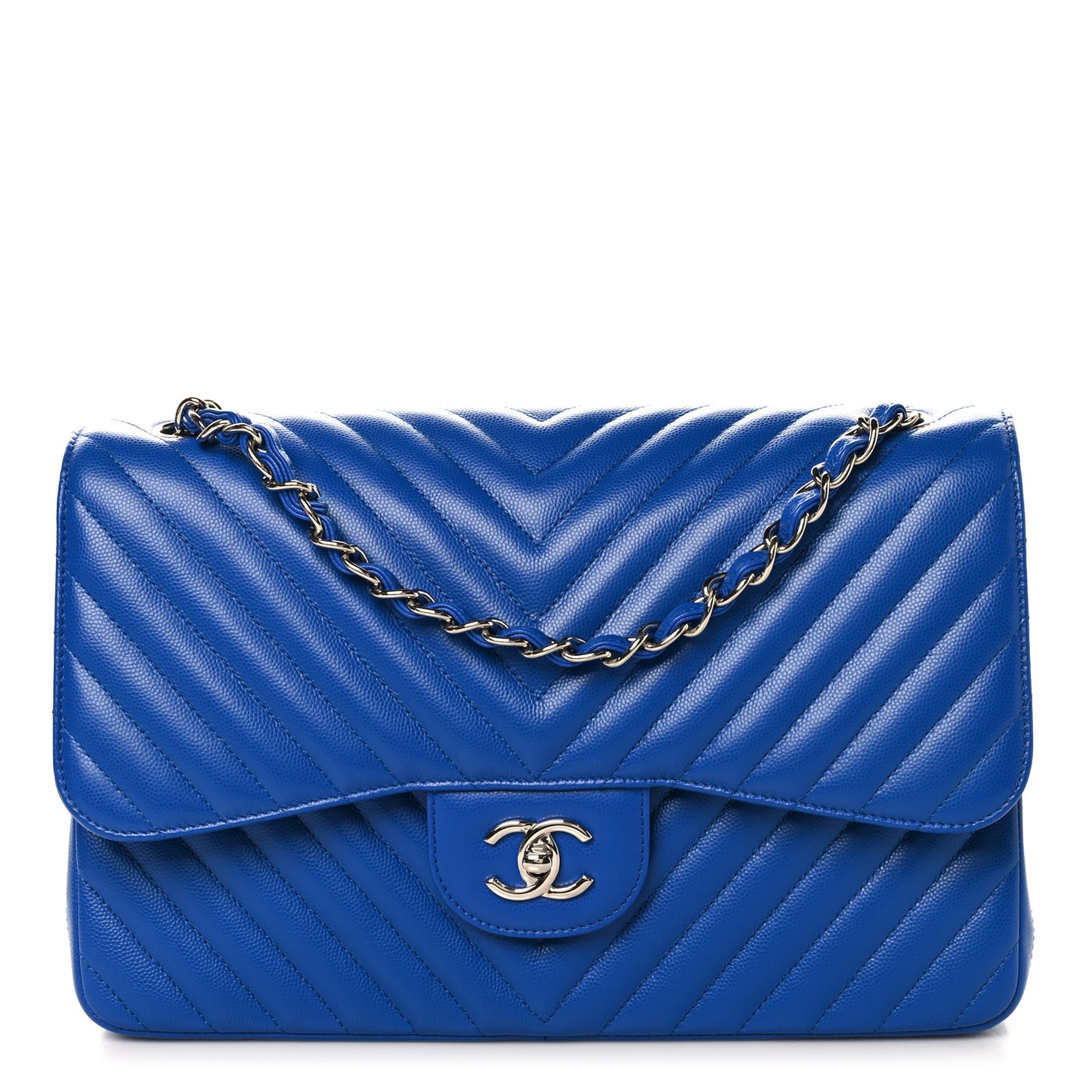 Caviar Chevron Quilted Jumbo Double Flap Blue