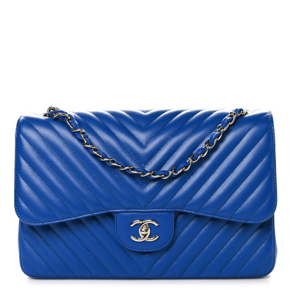 Chanel Caviar Chevron Quilted Jumbo Double Flap Blue 1 of 9