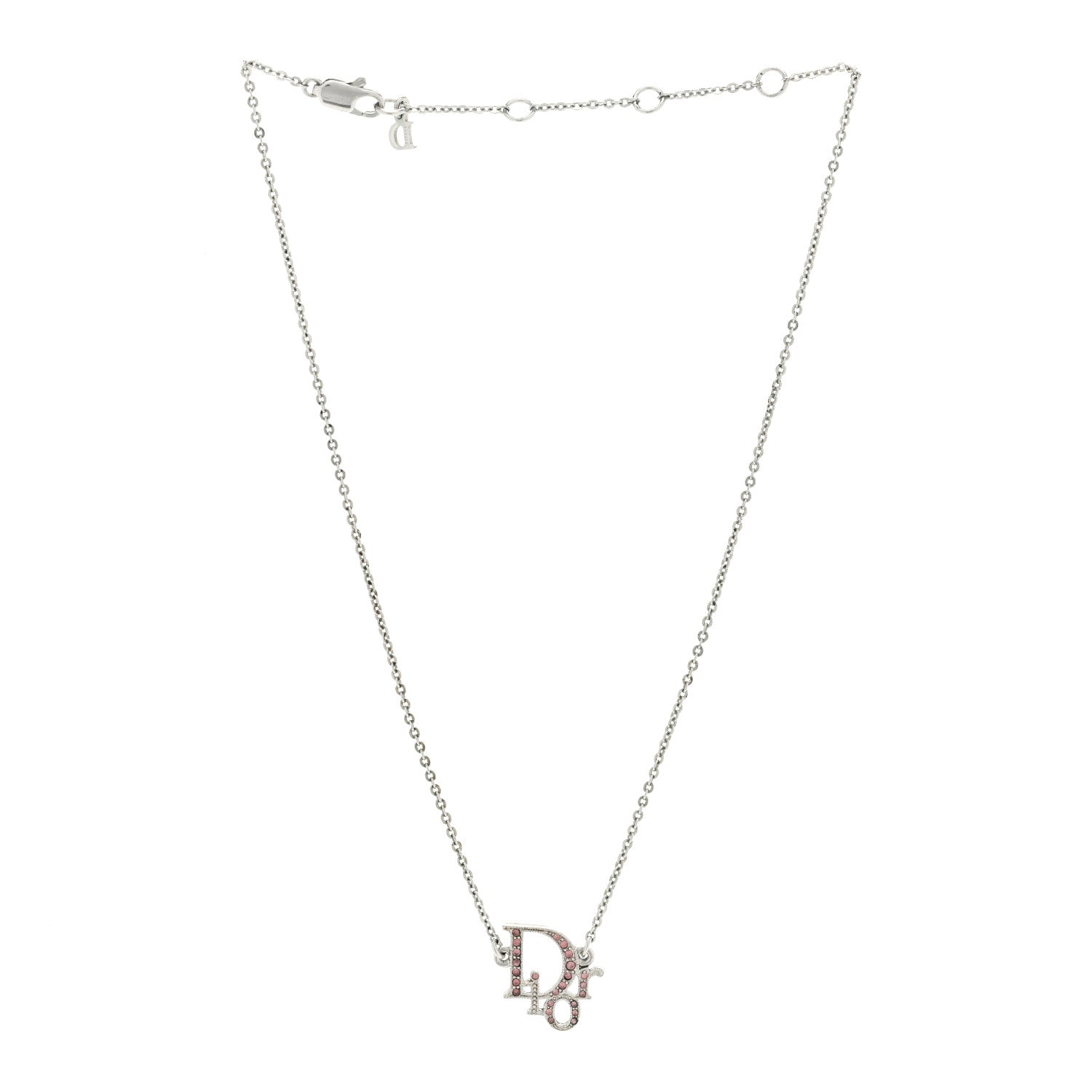 Christian Dior Metal Crystal Logo Choker Necklace Silver Pink 3 of 4