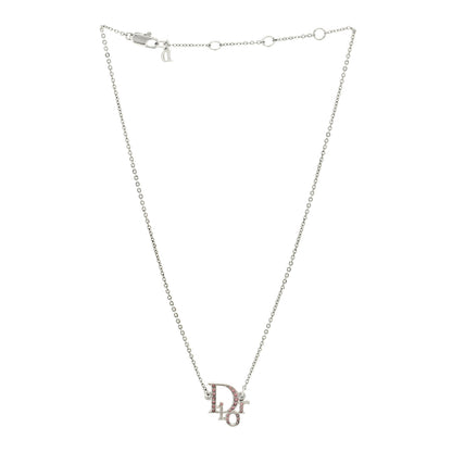 Christian Dior Metal Crystal Logo Choker Necklace Silver Pink 3 of 4