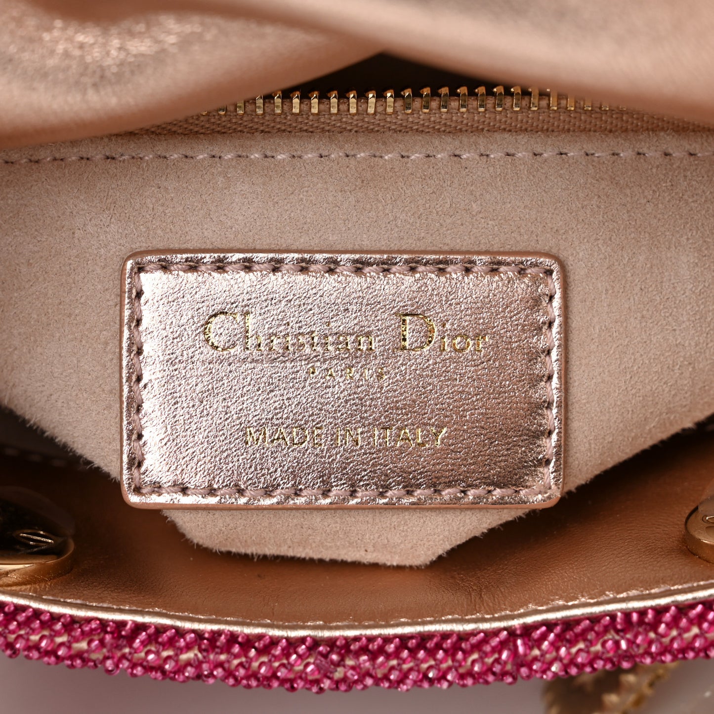 Metallic Calfskin Satin Celestial Bead Embroidery Cannage Mini Lady Dior Rose Des Vents