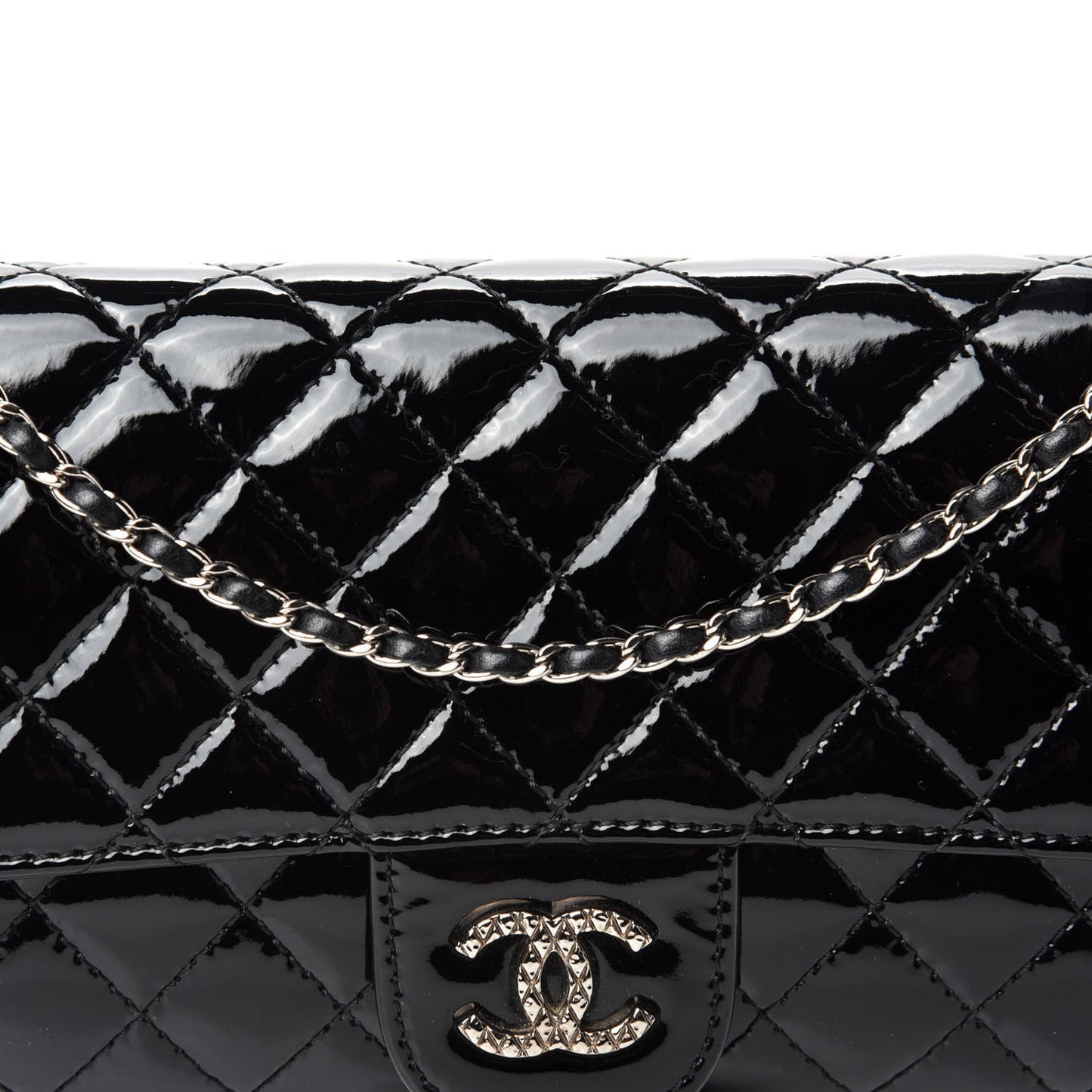 Patent Calfskin Quilted Brilliant East West Flap Clutch Black