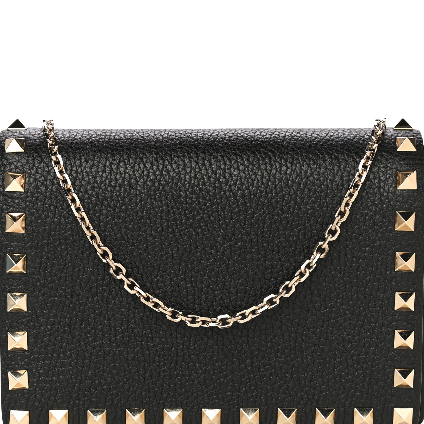 Pebbled Calfskin Rockstud Wallet on Chain Black