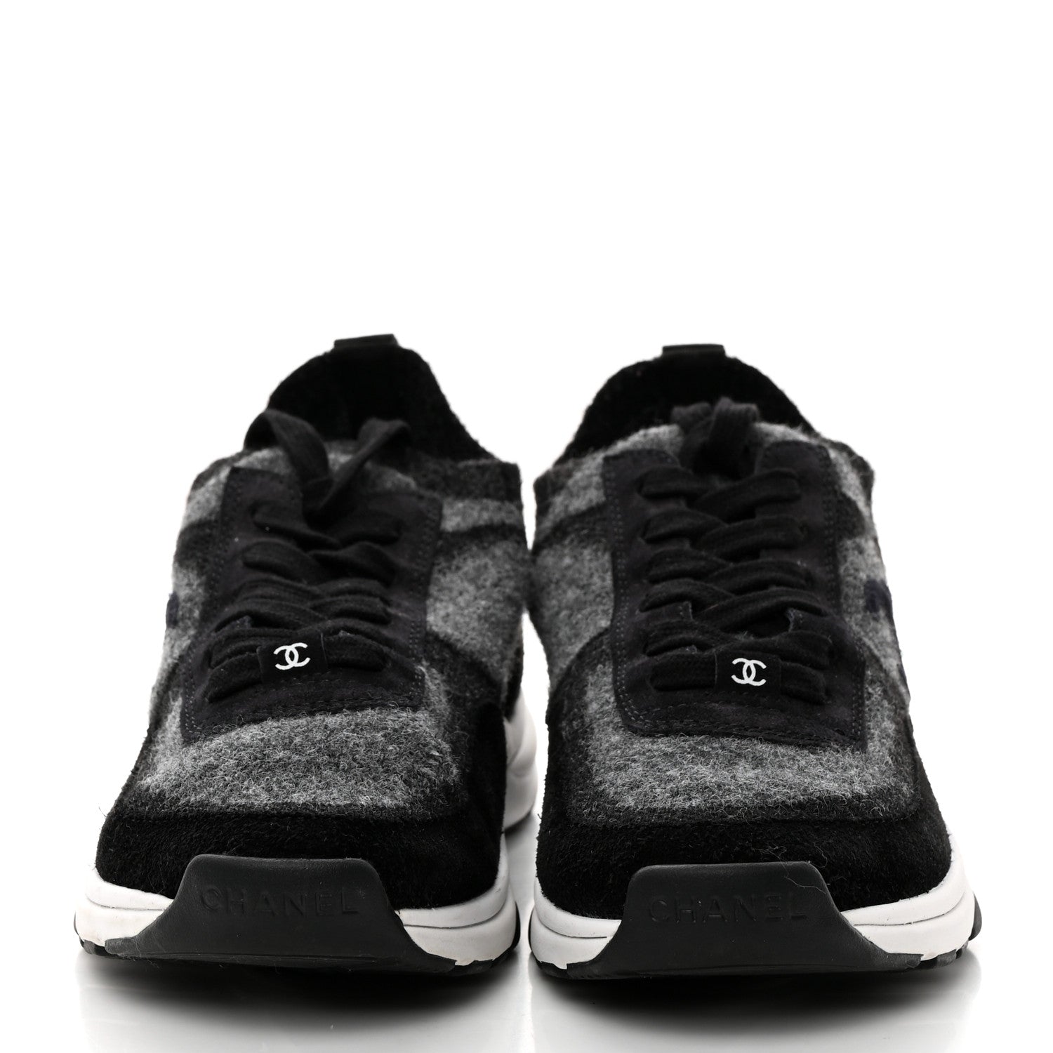 Chanel Fabric Suede Calfskin Womens CC Sneakers 37 Black Grey 2 of 8