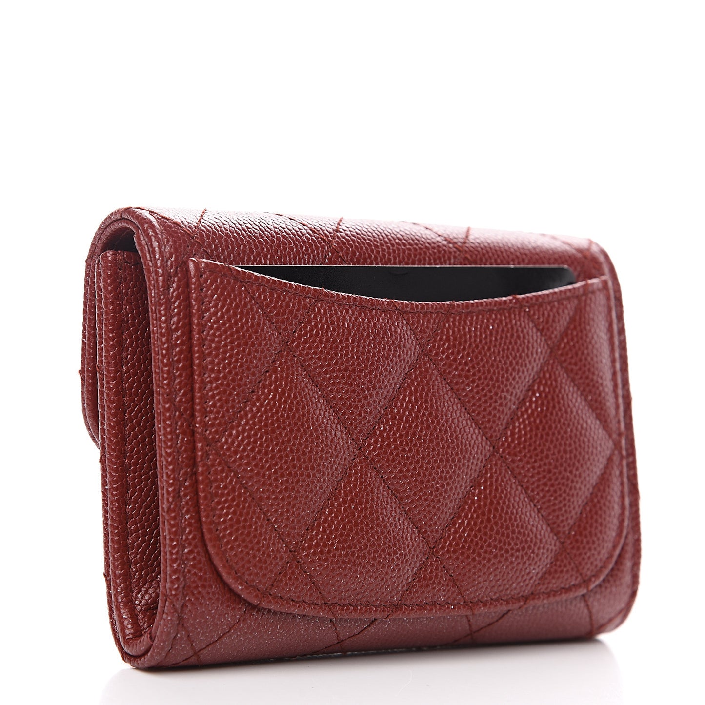 Caviar Quilted Flap Card Holder Wallet Dark Red