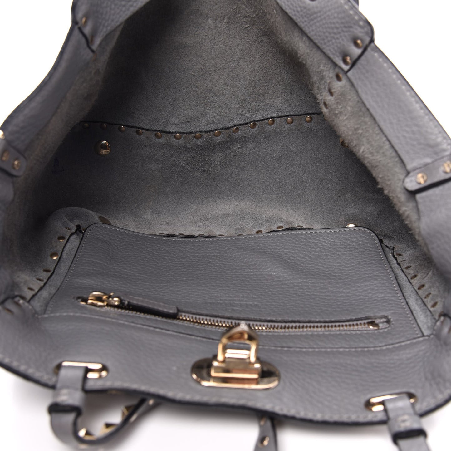 Grained Calfskin Small Rockstud Tote Grey
