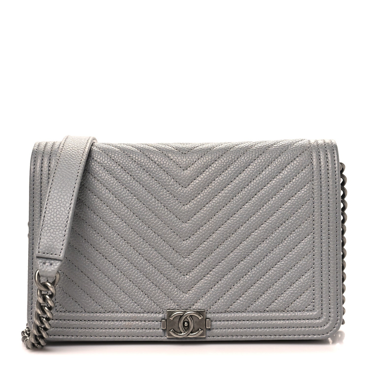 Chanel Caviar Chevron Quilted Boy Wallet On Chain WOC Grey 1 of 12