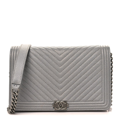 Chanel Caviar Chevron Quilted Boy Wallet On Chain WOC Grey 1 of 12