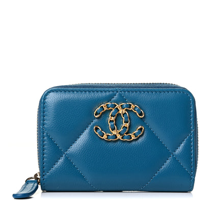 Chanel Goatskin Quilted Chanel 19 Zip Around Coin Purse Wallet Turquoise 1 of 4