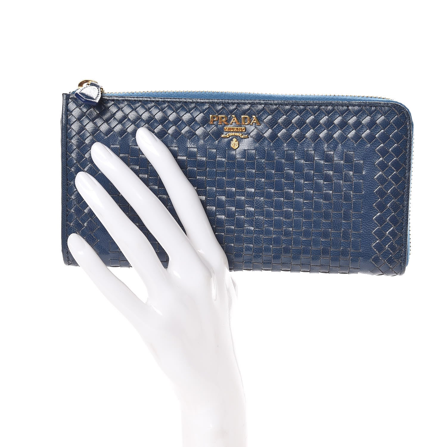 Prada Goatskin Woven Zip Around Wallet Azzurro 2 of 9