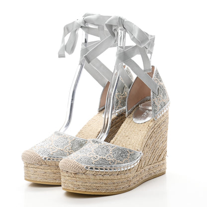 Gucci Lame GG Monogram Ankle Wrap Platform Espadrille Wedges 37 Silver Beige Light Grey 3 of 10