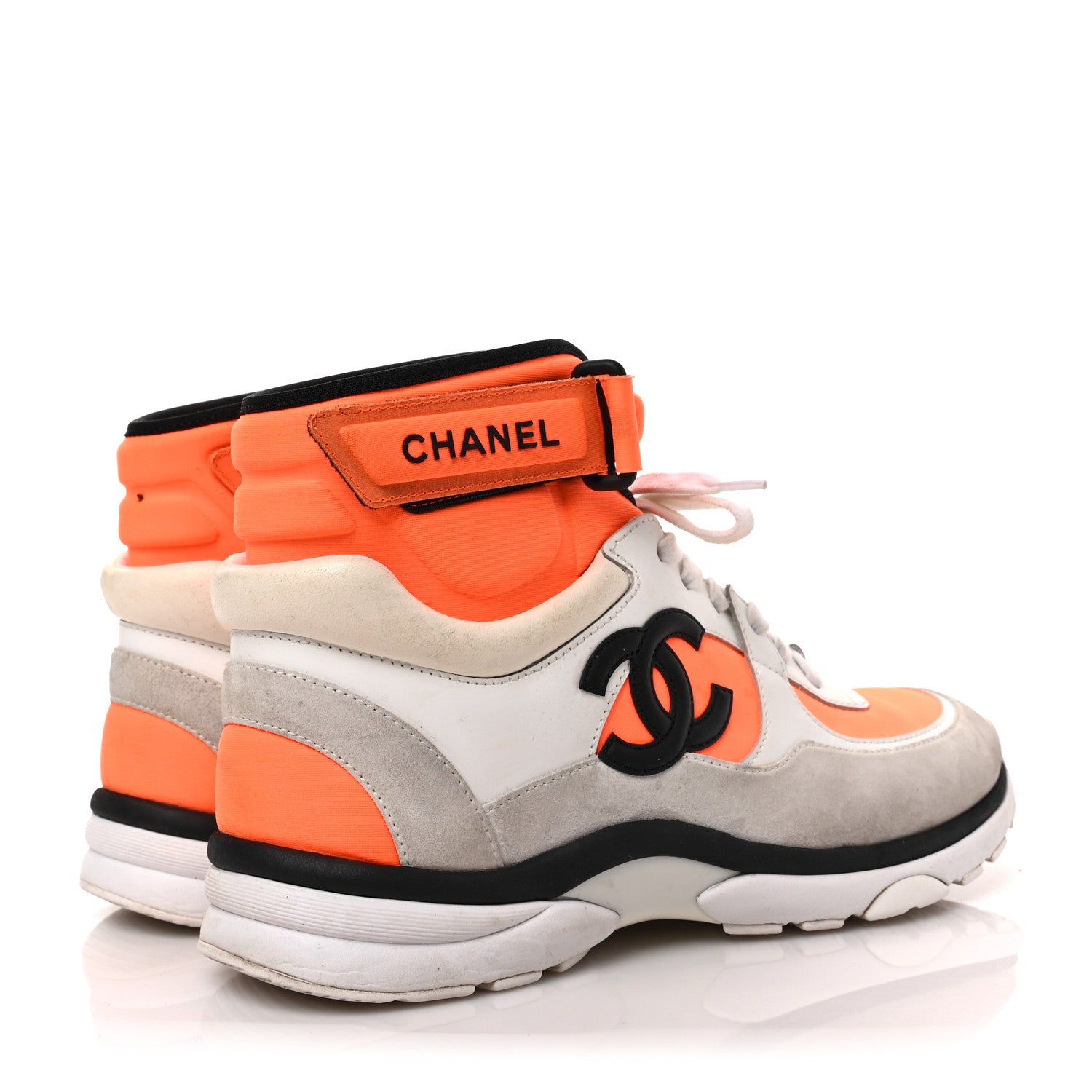 Chanel Suede Calfskin Lambskin Neoprene High Top CC Sneakers 37 White Fluo Orange 4 of 8