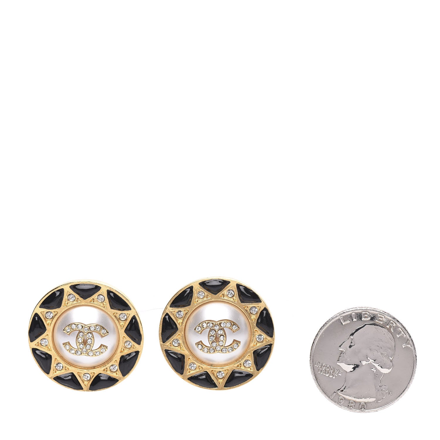 Chanel Pearl Crystal CC Round Earrings Gold Black 2 of 4