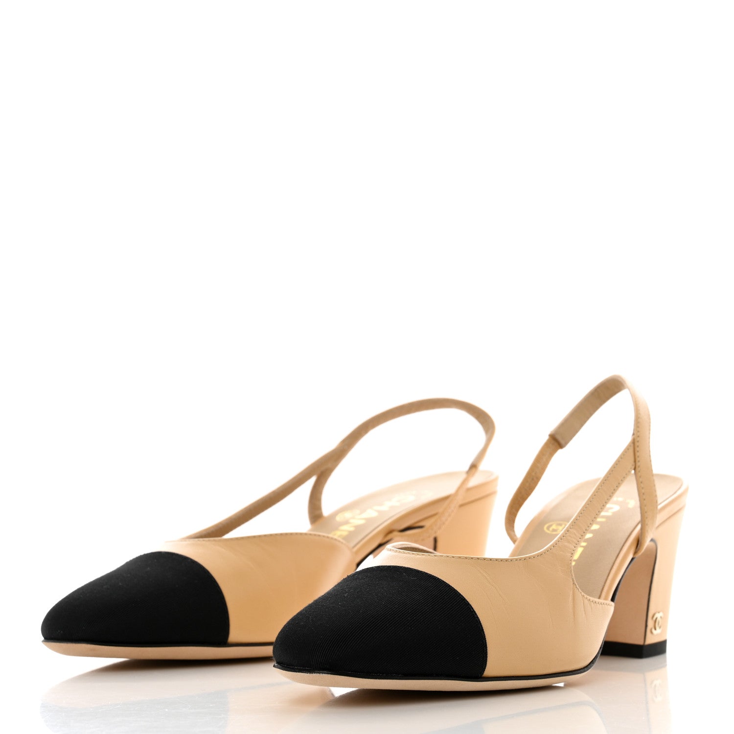 Chanel Lambskin Grosgrain Cap Toe CC Slingback Pumps 36.5 Beige Black 3 of 9