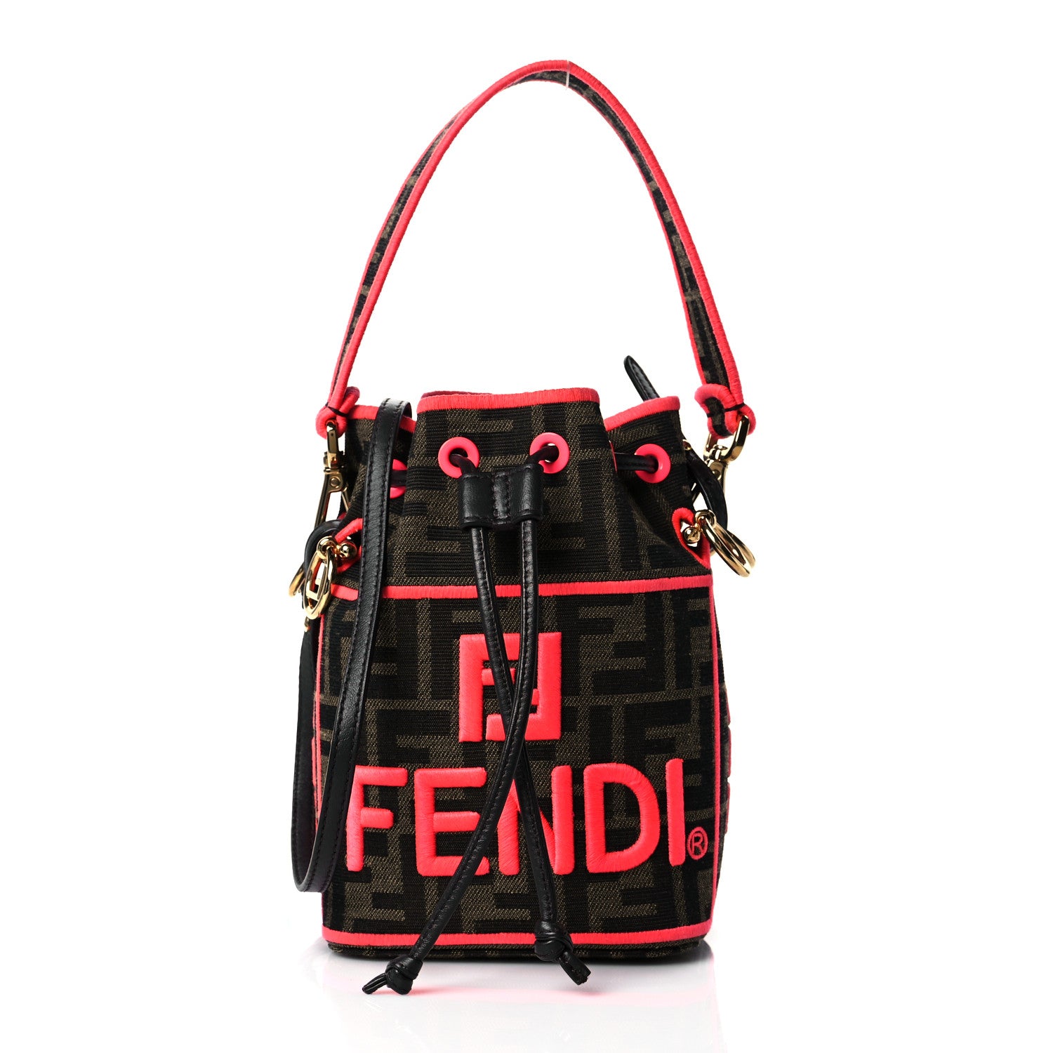 Fendi Fabric Jacquard Shiny Nappa FF 1974 Logo Threaded Edge Mini Mon Tresor Bucket Bag Tobacco Moro Fuxia Fluo 1 of 9