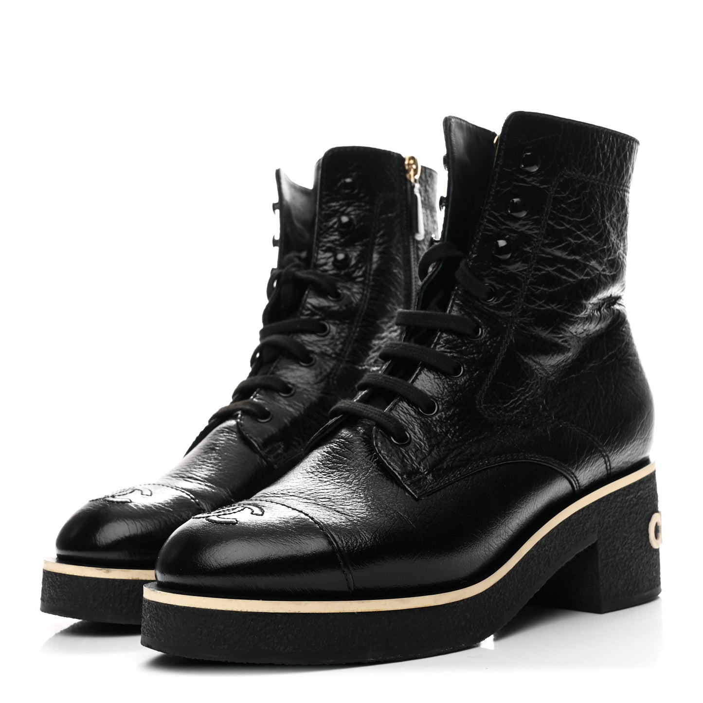 Shiny Crumpled Lambskin Lace Up Combat Boots 39 Black