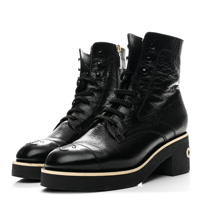 Chanel Shiny Crumpled Lambskin Lace Up Combat Boots 39 Black 4 of 9