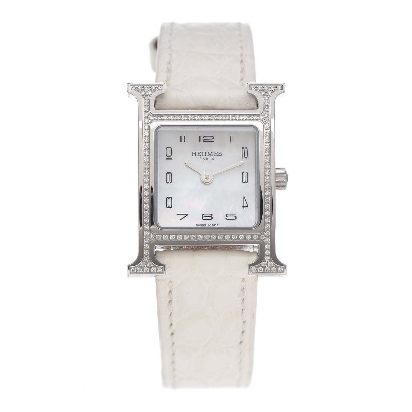 Stainless Steel Alligator Diamond Bezel Mother of Pearl 21mm Heure H Hour Quartz Watch Blanc