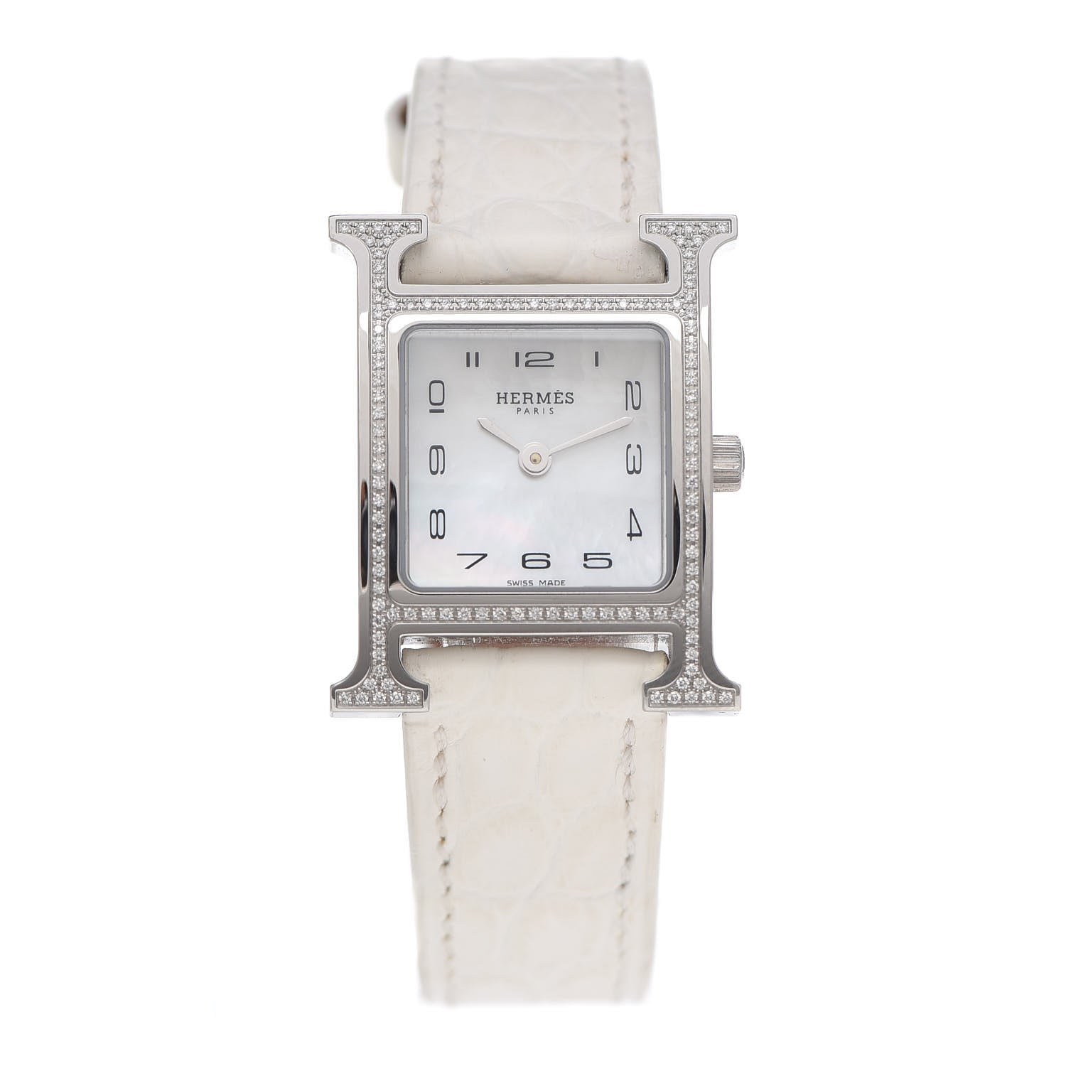 Hermes Stainless Steel Alligator Diamond Bezel Mother of Pearl 21mm Heure H Hour Quartz Watch Blanc 1 of 5