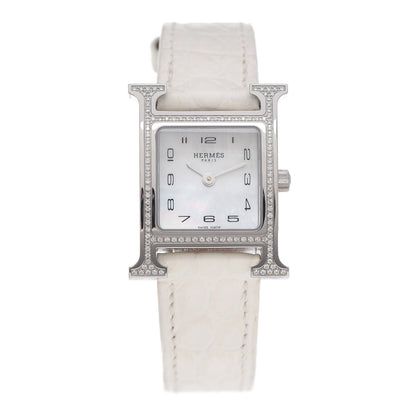 Hermes Stainless Steel Alligator Diamond Bezel Mother of Pearl 21mm Heure H Hour Quartz Watch Blanc 1 of 5