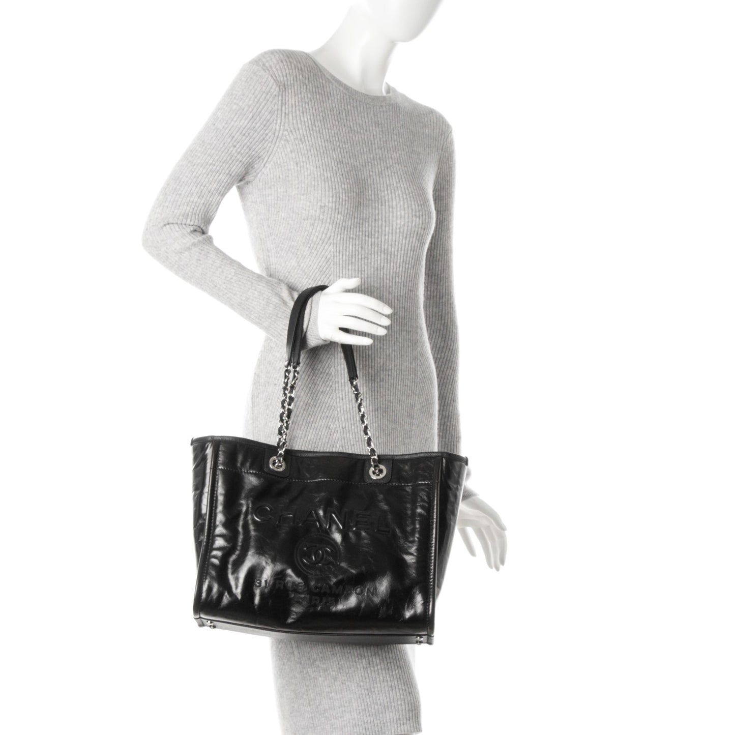 Glazed Calfskin Small Deauville Tote Black