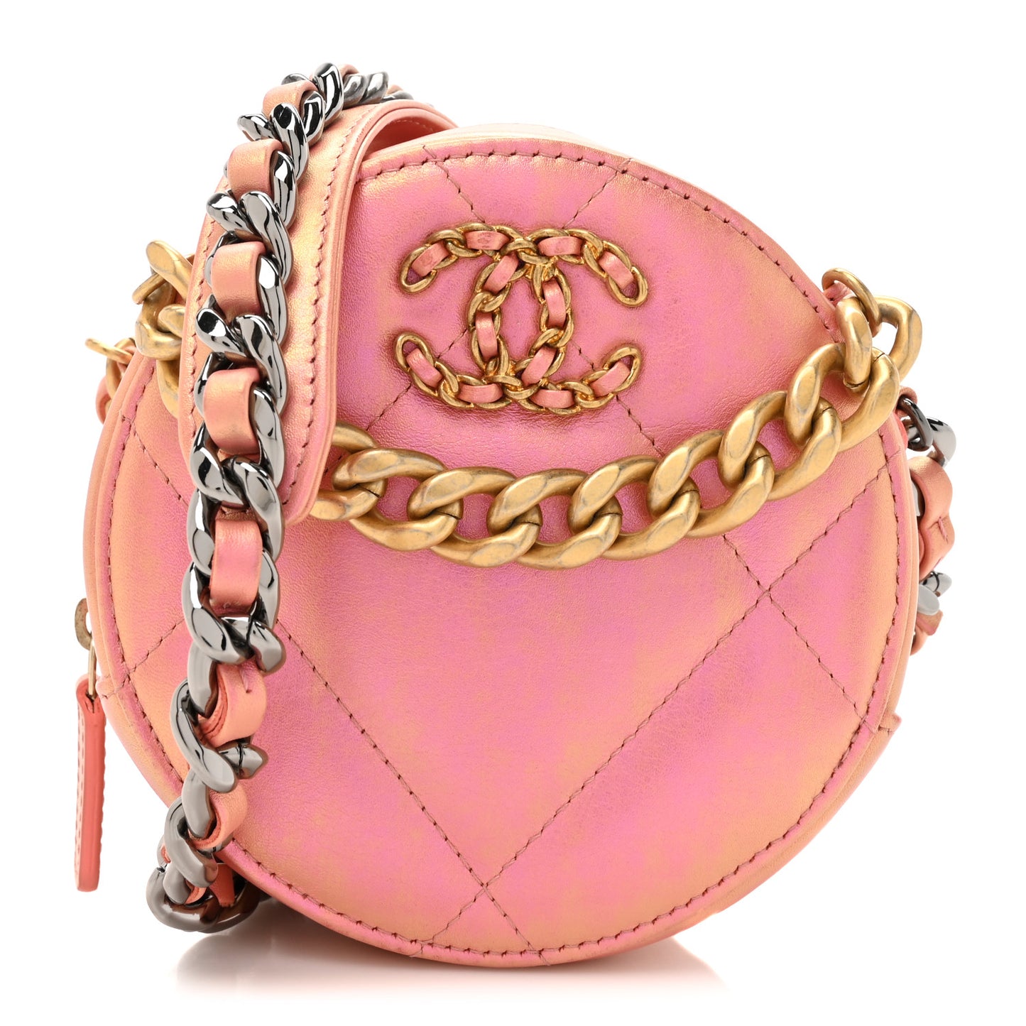 Iridescent Calfskin Quilted Chanel 19 Round Clutch With Chain Pink