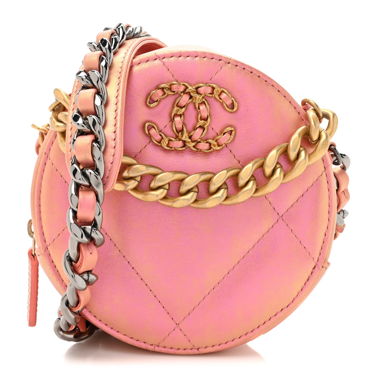 Chanel Iridescent Calfskin Quilted Chanel 19 Round Clutch With Chain Pink 1 of 11