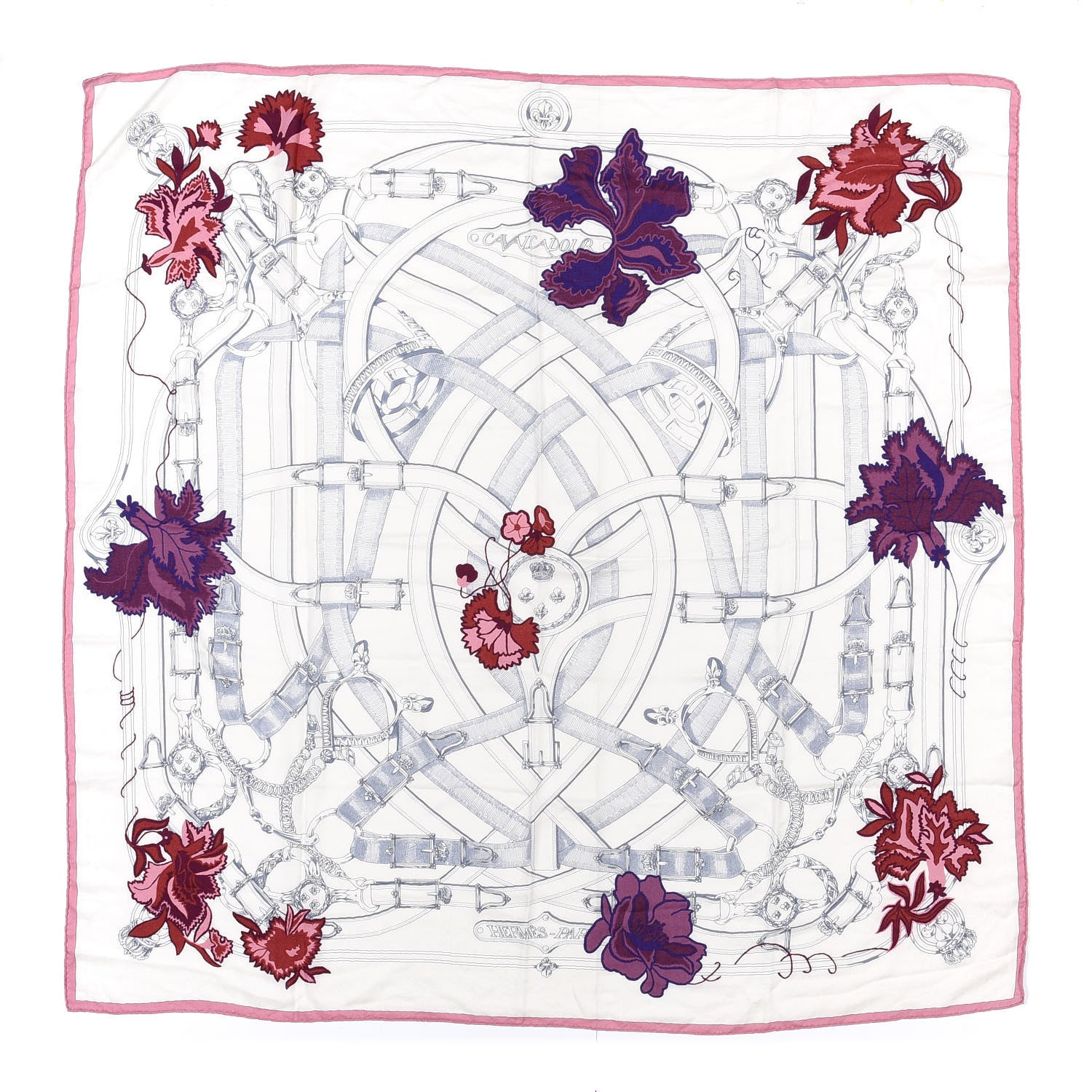 Hermes Cashmere Silk Cavalcadour Shawl 140 Blanc Violet Rose 1 of 6
