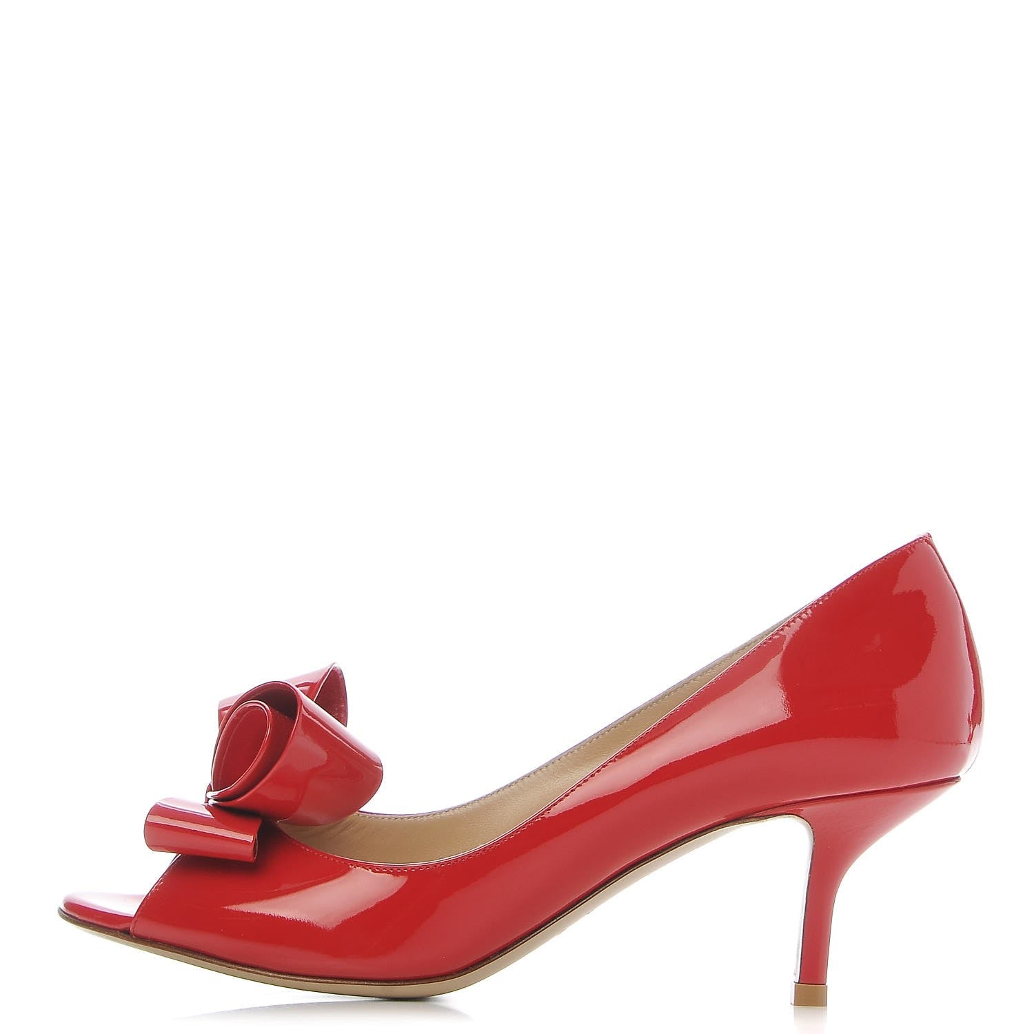 Valentino Garavani Patent Couture Bow Peep Toe Low Heel Pumps 37.5 Rosso Valentino 1 of 9