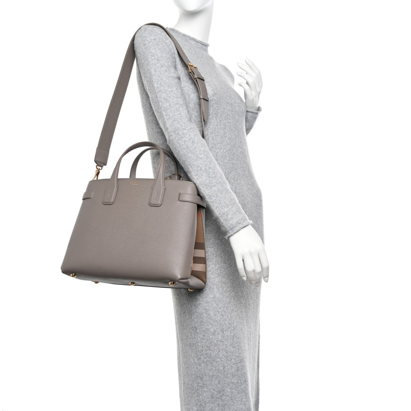Grainy Calfskin House Check Medium Banner Tote Taupe Brown