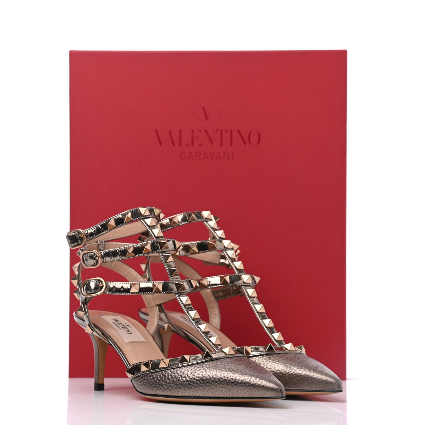 Metallic Pebbled Calfskin Patent Rockstud Ankle Strap 65mm Pumps 35 Sasso