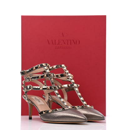 Valentino Garavani Metallic Pebbled Calfskin Patent Rockstud Ankle Strap 65mm Pumps 35 Sasso 14 of 14
