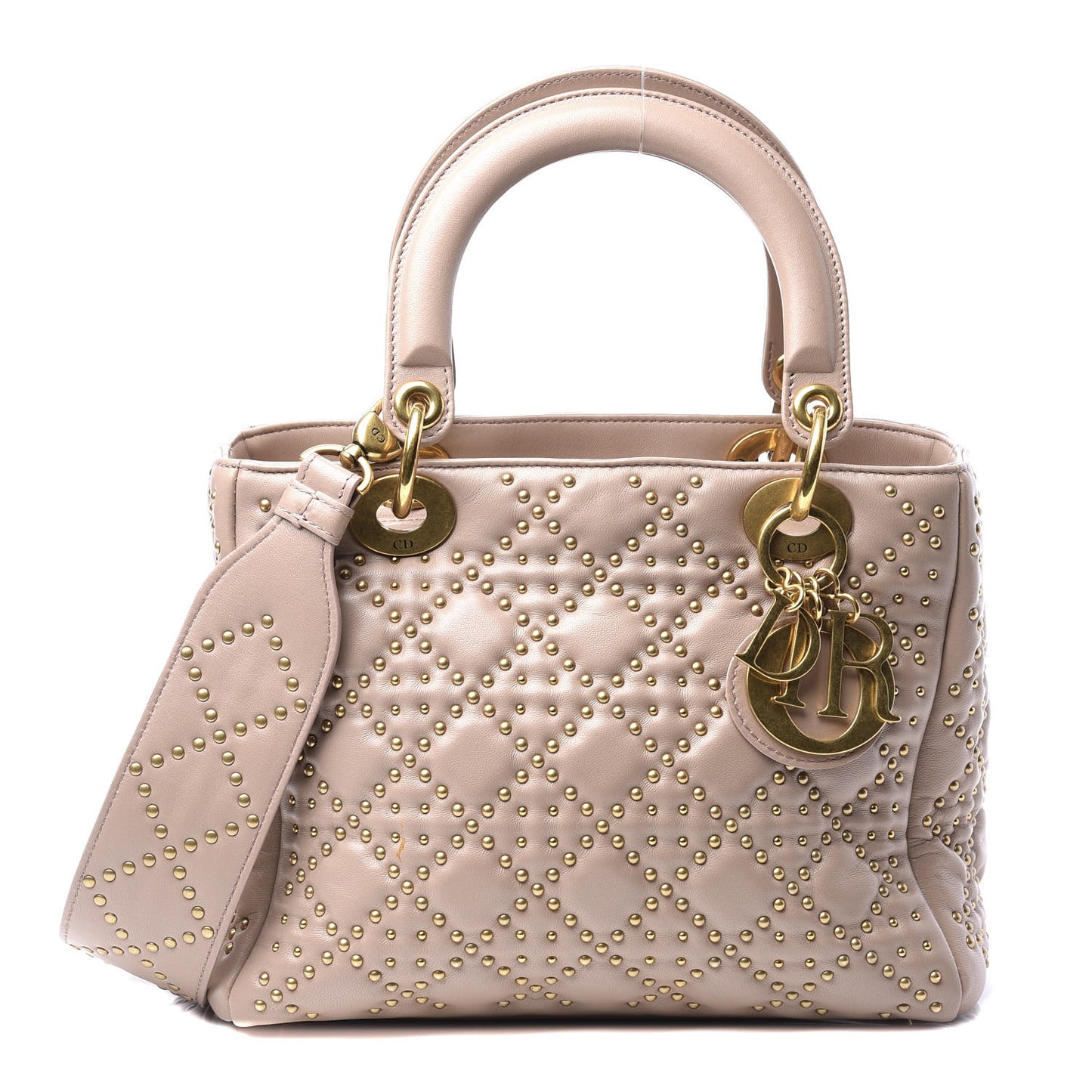 Calfskin Cannage Studded Medium Supple Lady Dior Metallic Beige