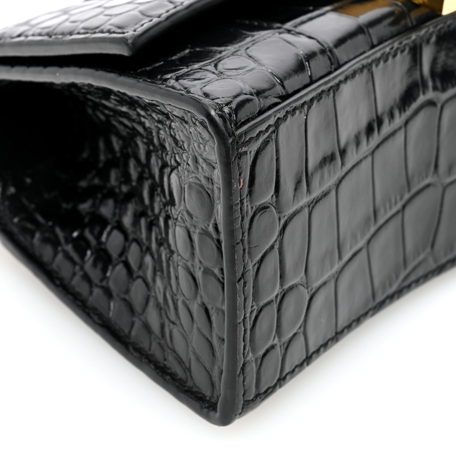 Balenciaga Shiny Calfskin Crocodile Embossed Hourglass Top Handle Bag XS Black 8 of 9