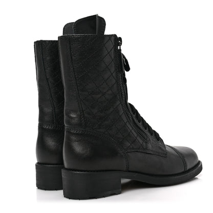 Chanel Sheepskin Quilted CC Tall Lace Up Combat Boots 36.5 Black 4 of 6