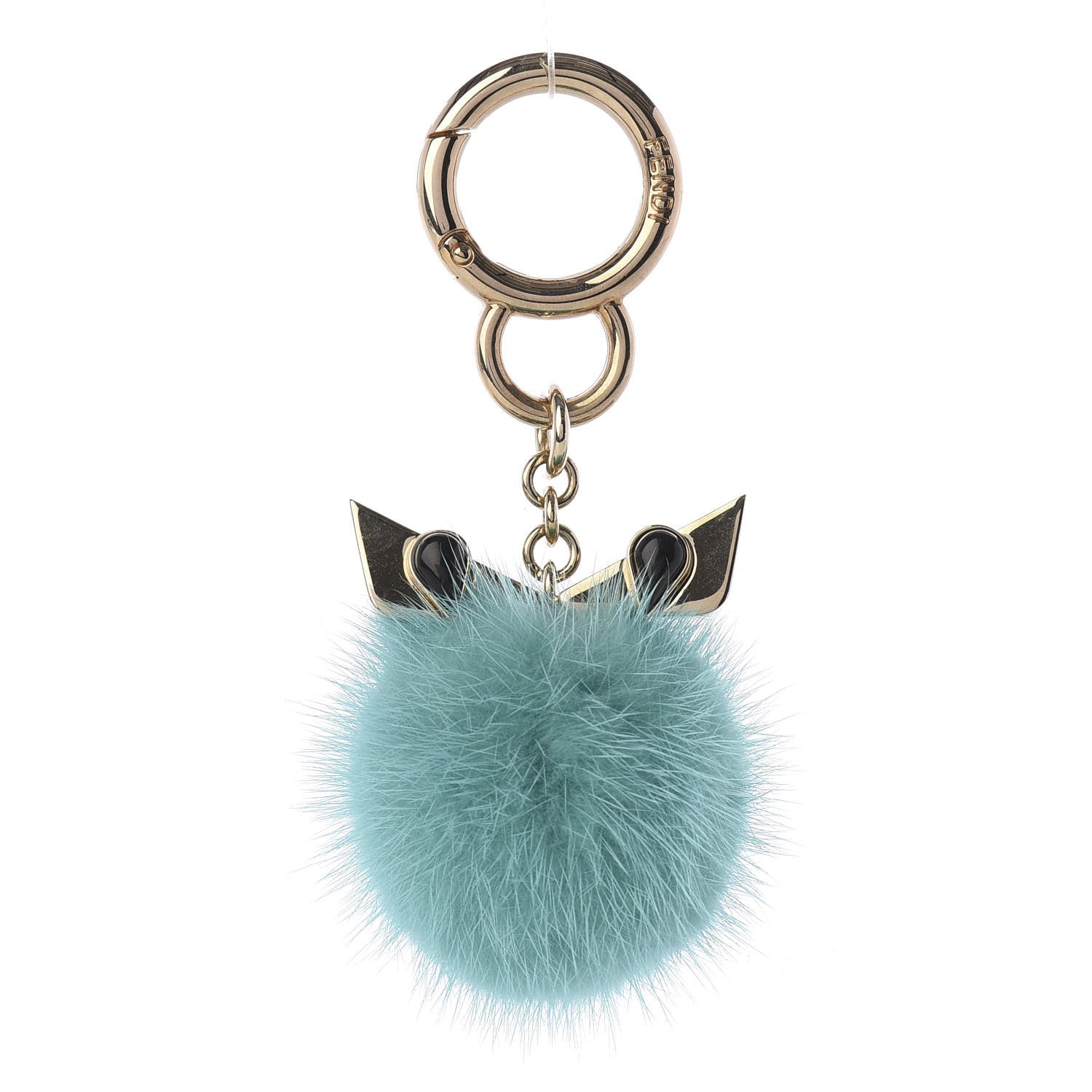 Fendi Metal Mink Fur Stone Monster Eyes Mini Pom Pom Bag Charm Oro Chiaro Acqua 1 of 4