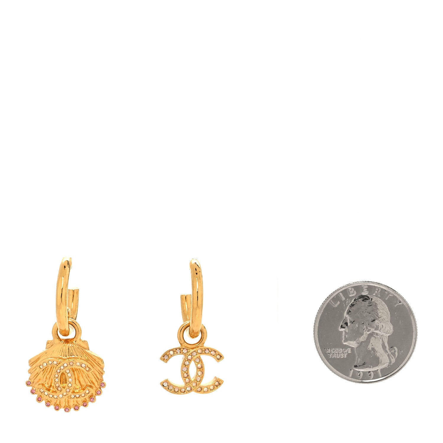 Chanel Crystal CC Shell Hoop Earrings Gold Pink 2 of 5