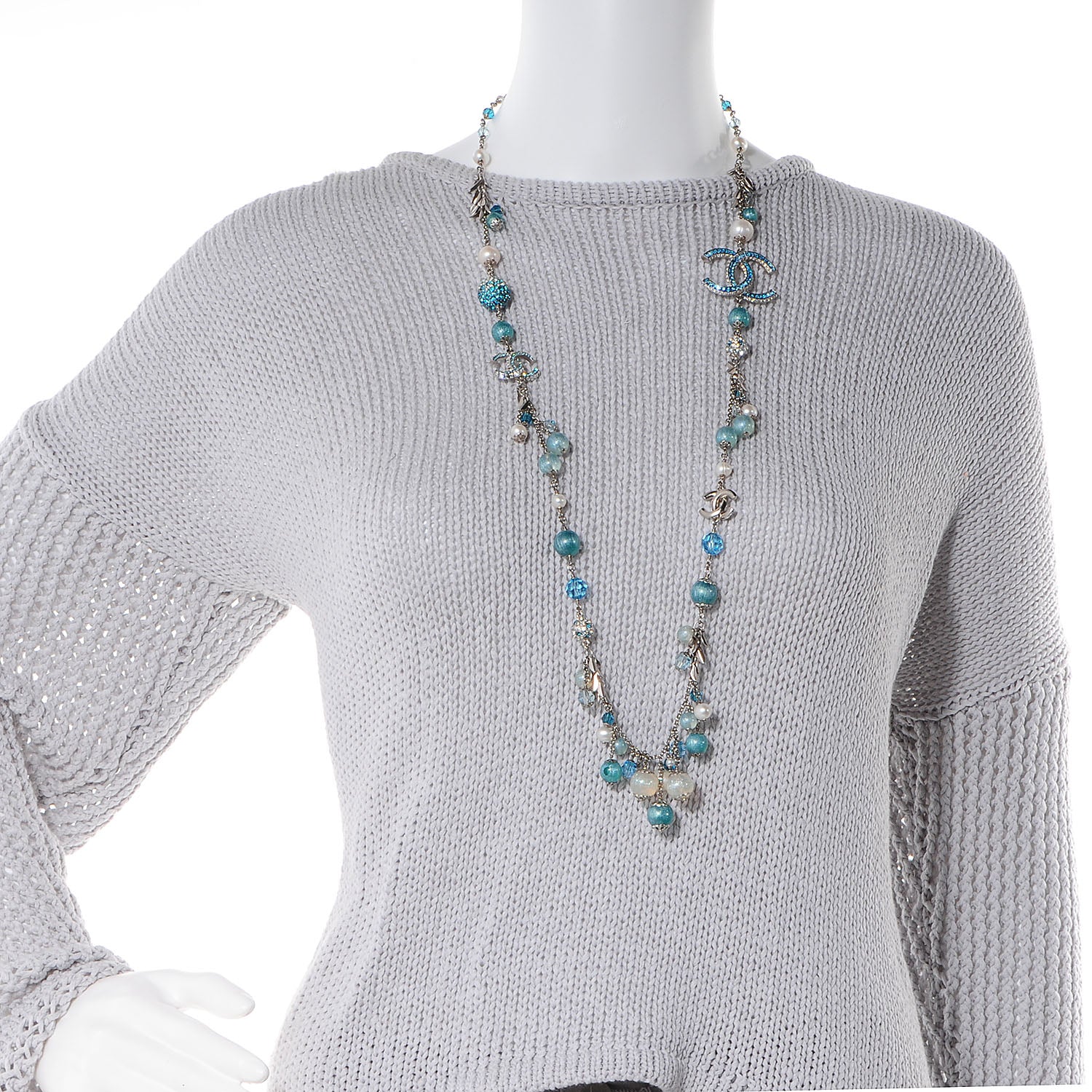 Chanel Pearl Crystal CC Beaded Long Necklace Silver Blue 2 of 10