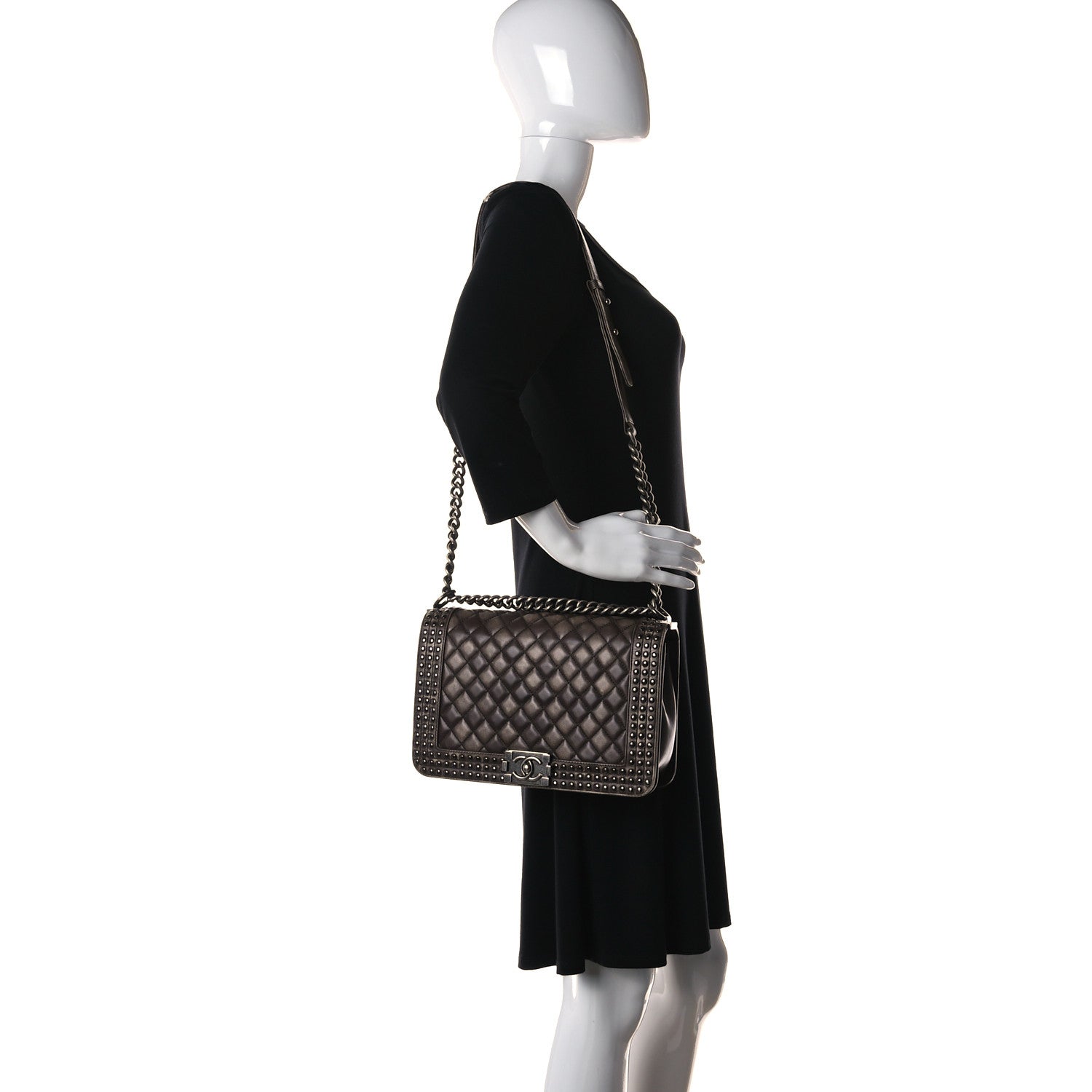 Chanel Faded Calfskin Quilted Large Studded Boy Flap Brown Beige 2 of 16
