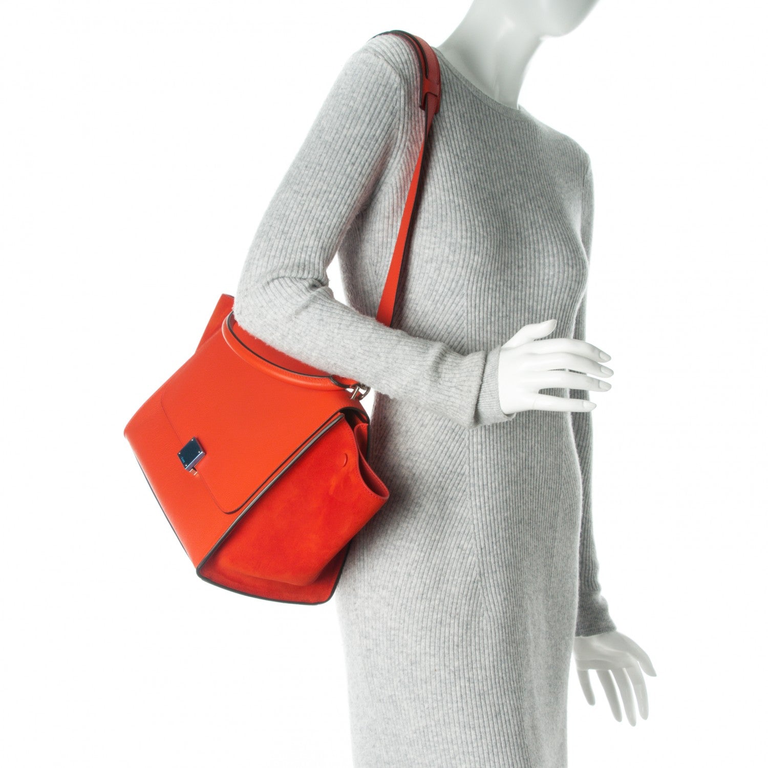 Celine Drummed Calfskin Suede Medium Trapeze Vermillion 2 of 7