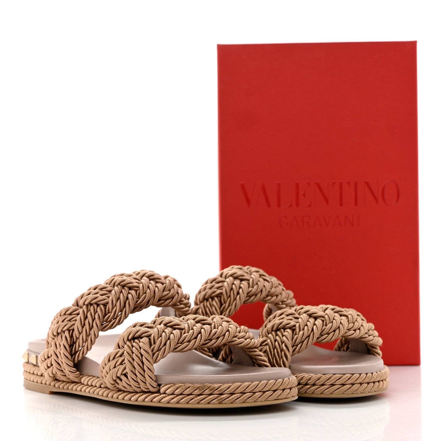 Valentino Garavani Calfskin Silk Woven Rockstud Torchon 5mm Sandals 39 Poudre 11 of 11