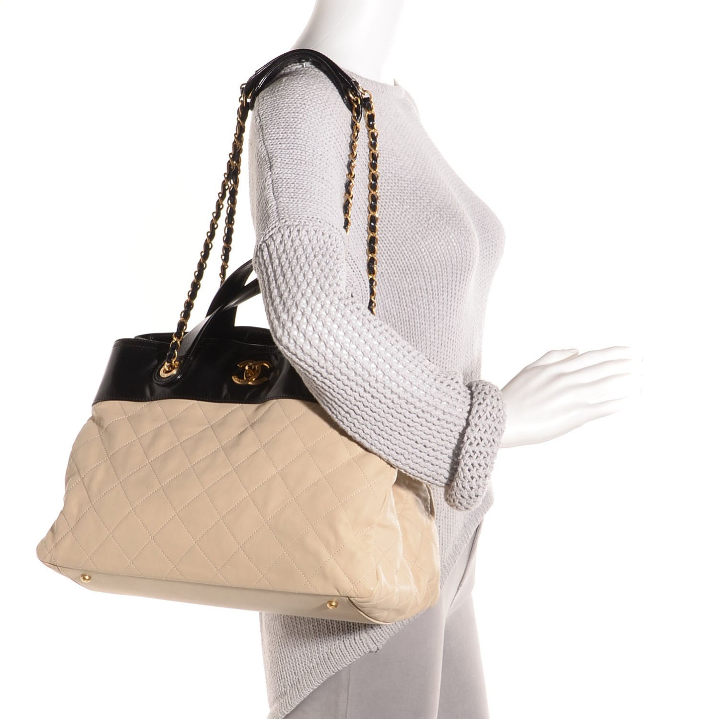 Calfskin Quilted In The Mix Shopping Tote Beige Black